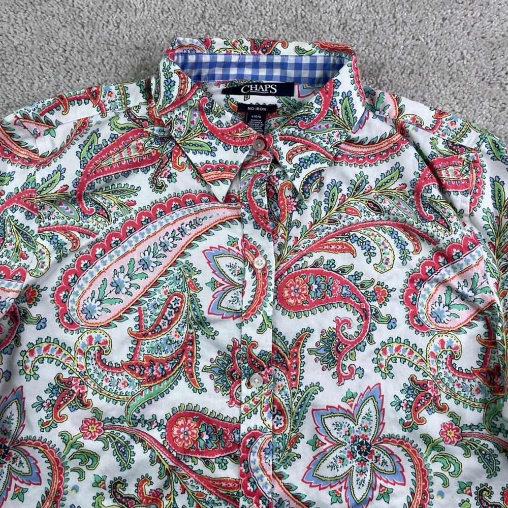 Chaps Top Womens Large White Pink Paisley No Iron Button Up 3/4 Sleeve Blouse - Picture 3 of 11